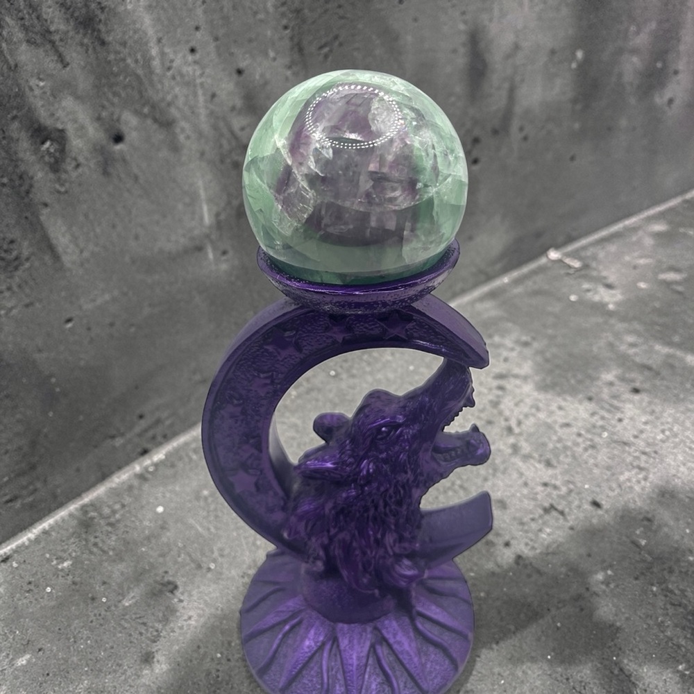Rainbow Crystal Fluorite Sphere with Purple Celestial Wolf Stand